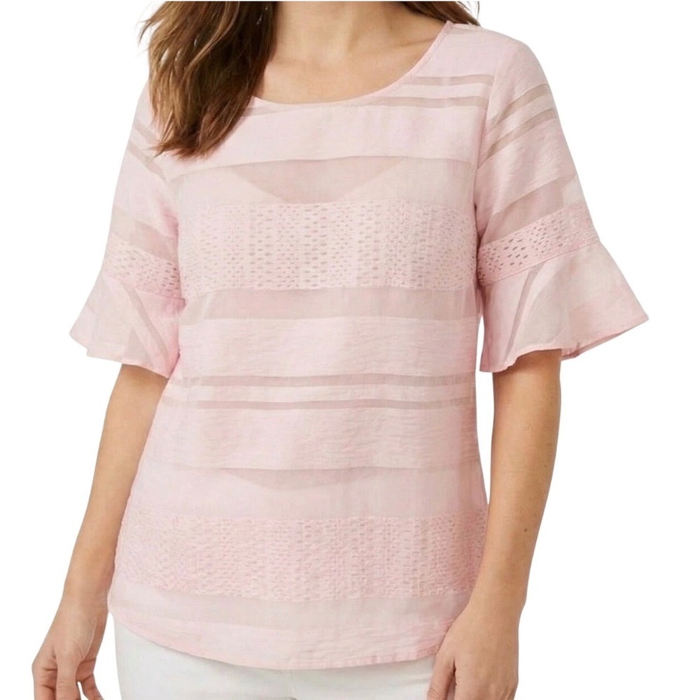 Liz Claiborne Coquette Petite Small Pink Striped Textured‎ Sheer Flutter Sleeve